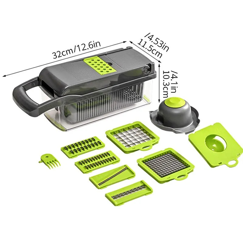 Cortador multifuncional de legumes, frutas e verduras, 12em1 com caixa de armazenamento.